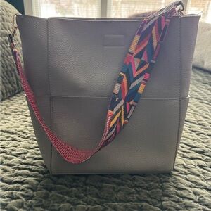Stylish Gray Tote Bag with Colorful Strap